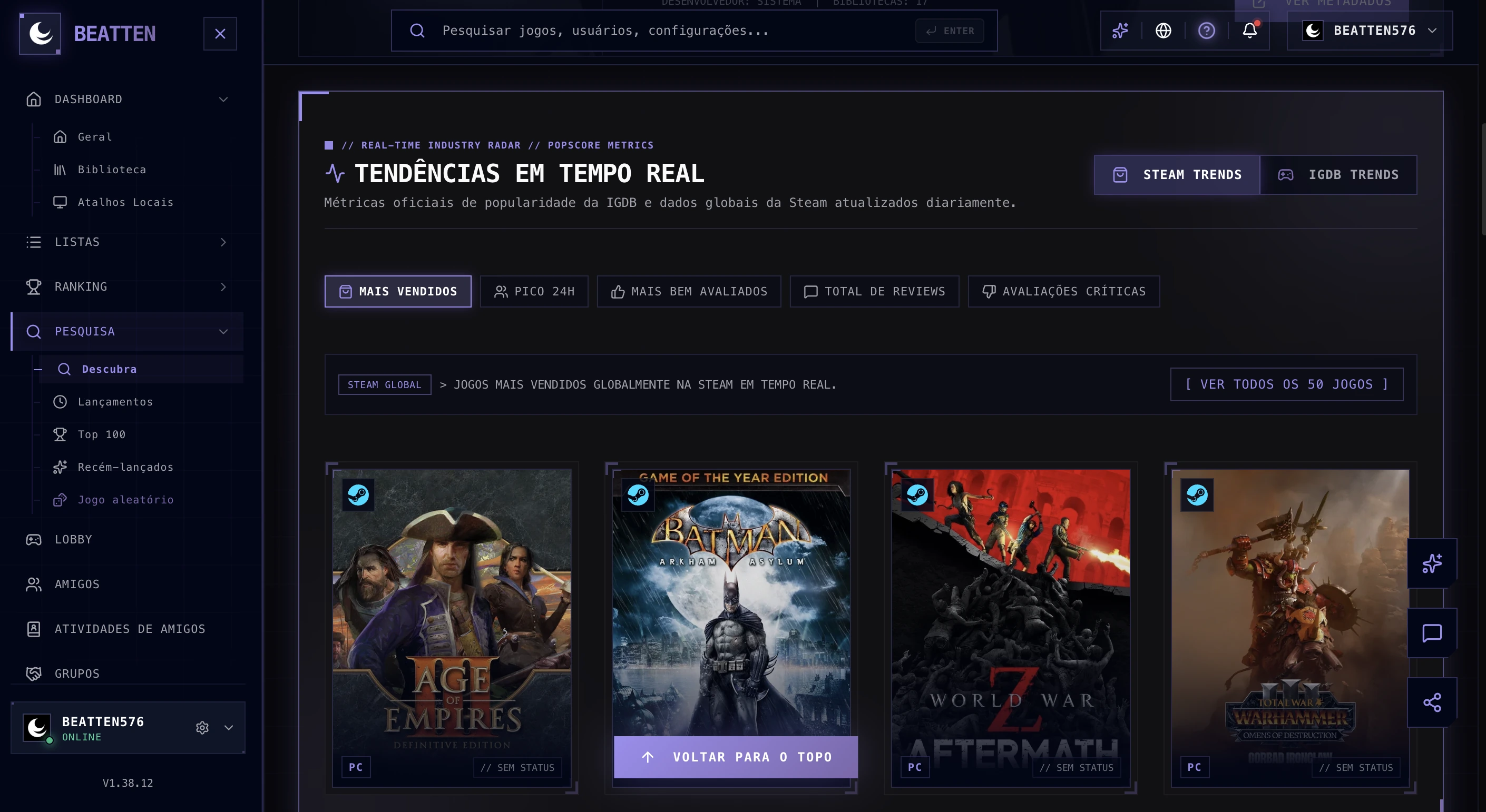 Beatten Games App - Dashboard Desktop